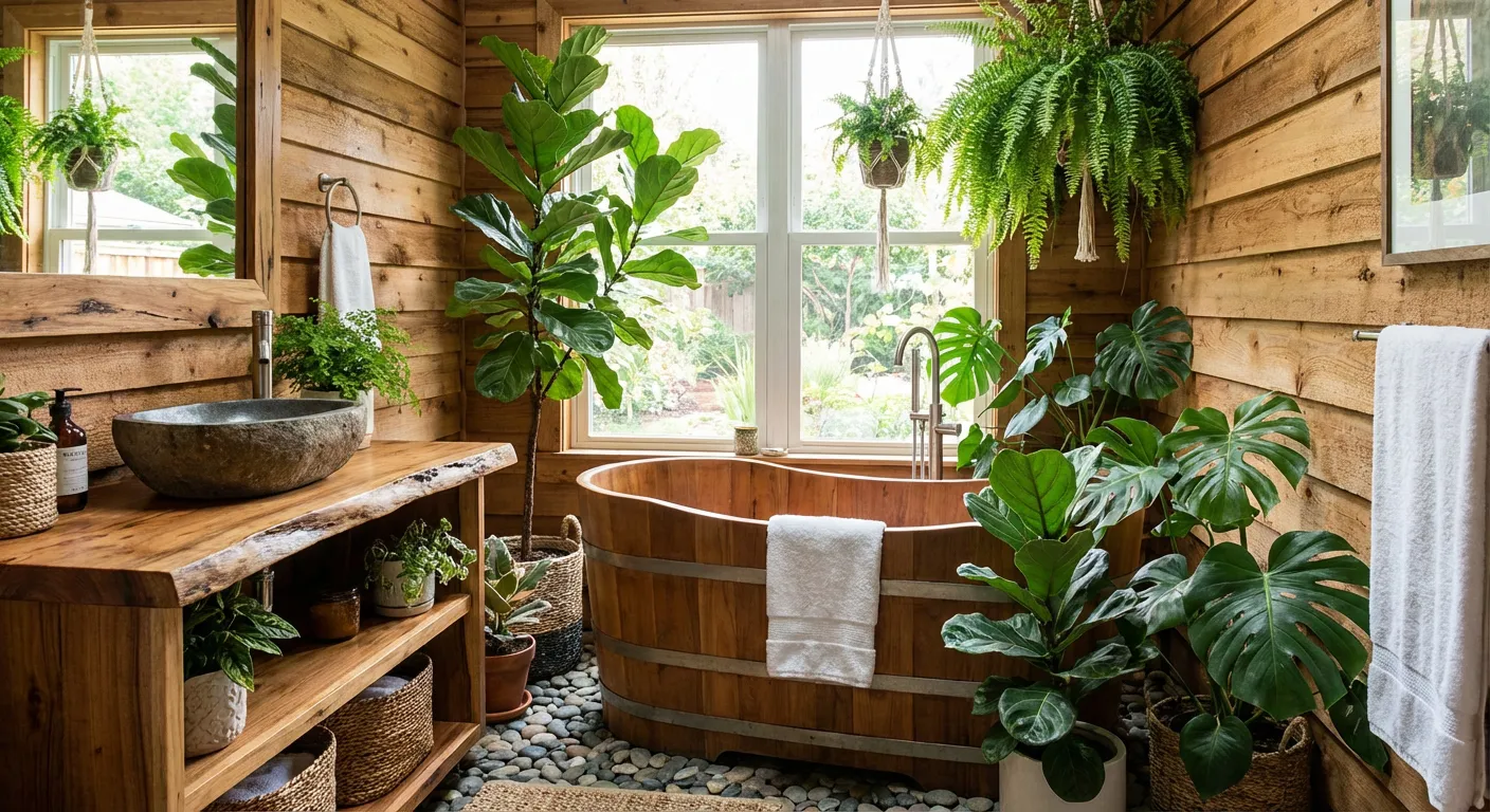 Bathroom with plants and natural wood